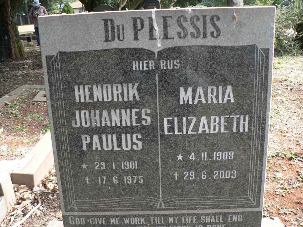PLESSIS Hendrik Johannes Paulus, du 1901-1975 &amp; Maria Elizabeth 1908-2003