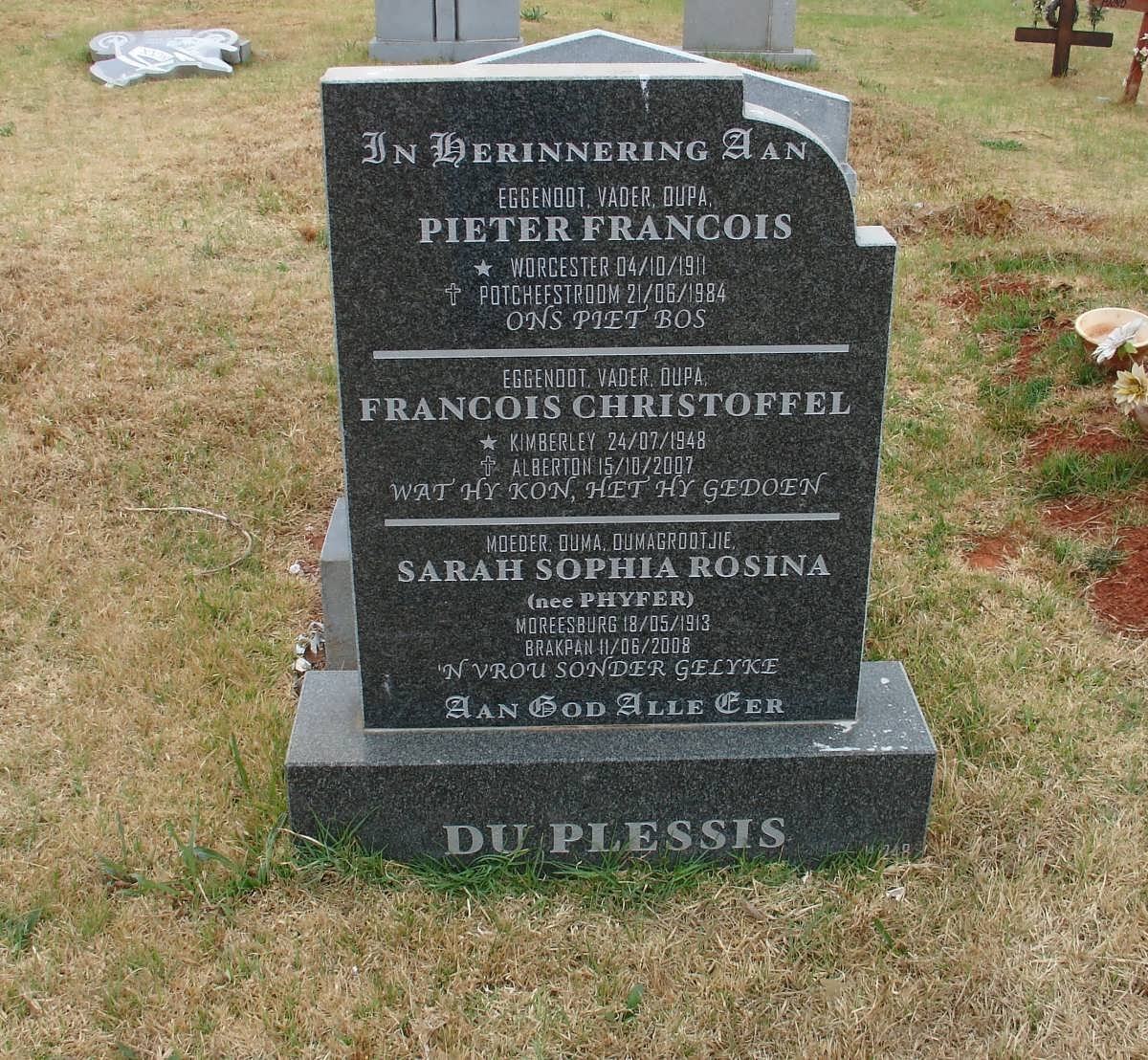 PLESSIS Pieter Francois, du 1911-1984 &amp; Sarah Sophia Rosina PHYFER 1913-2008 :: DU PLESSIS Francois Christoffel 1948-2007