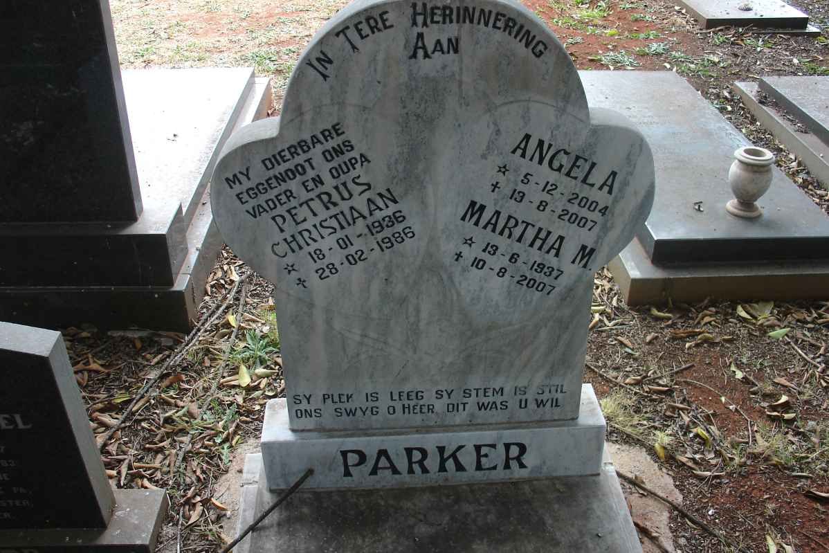 PARKER Petrus Christiaan 1936-1986 &amp; Martha M. 1937-2007 :: PARKER Angela 2004-2007