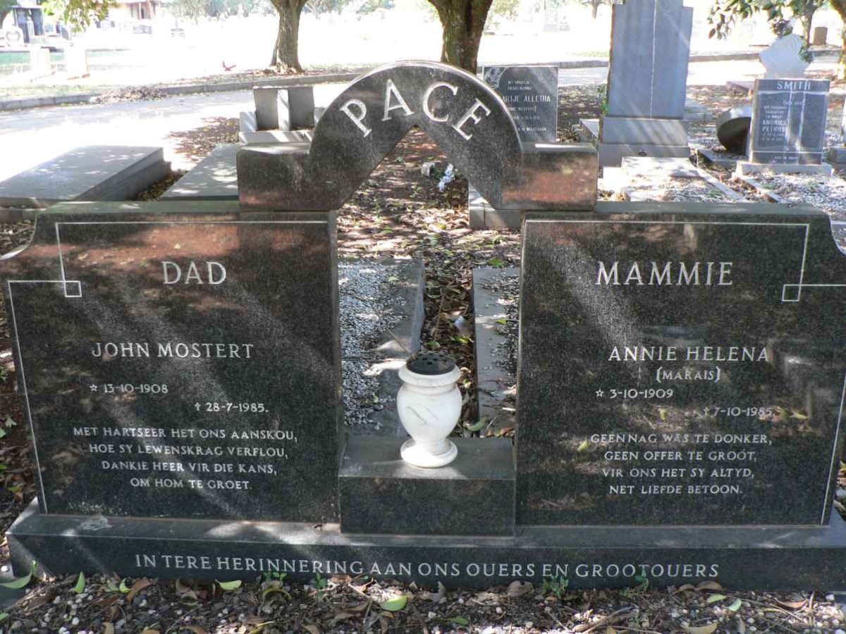 PACE John Mostert 1908-1985 &amp; Annie Helena MARAIS 1909-1985