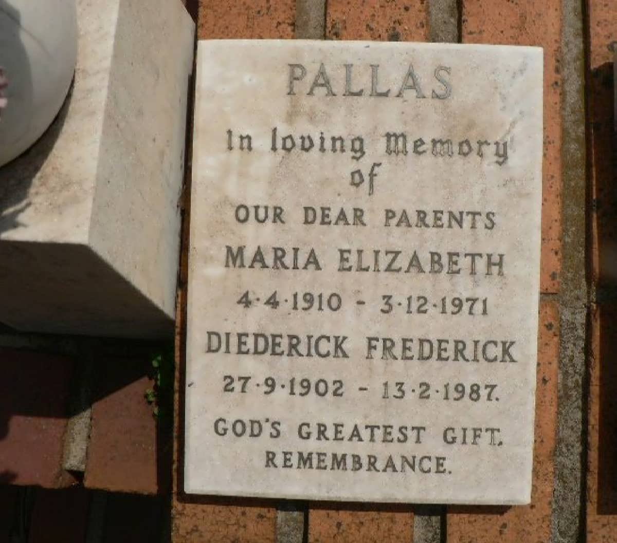 PALAS Diederick Frederick 1902-1987 &amp; Maria Elizabeth 1910-1971