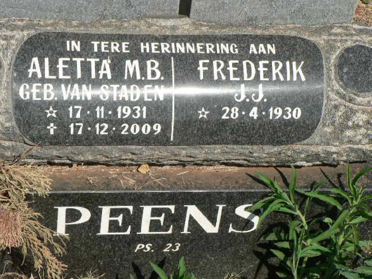 PEENS Frederik J.J. 1930- &amp; Aletta M.B. VAN STADEN 1931-2009