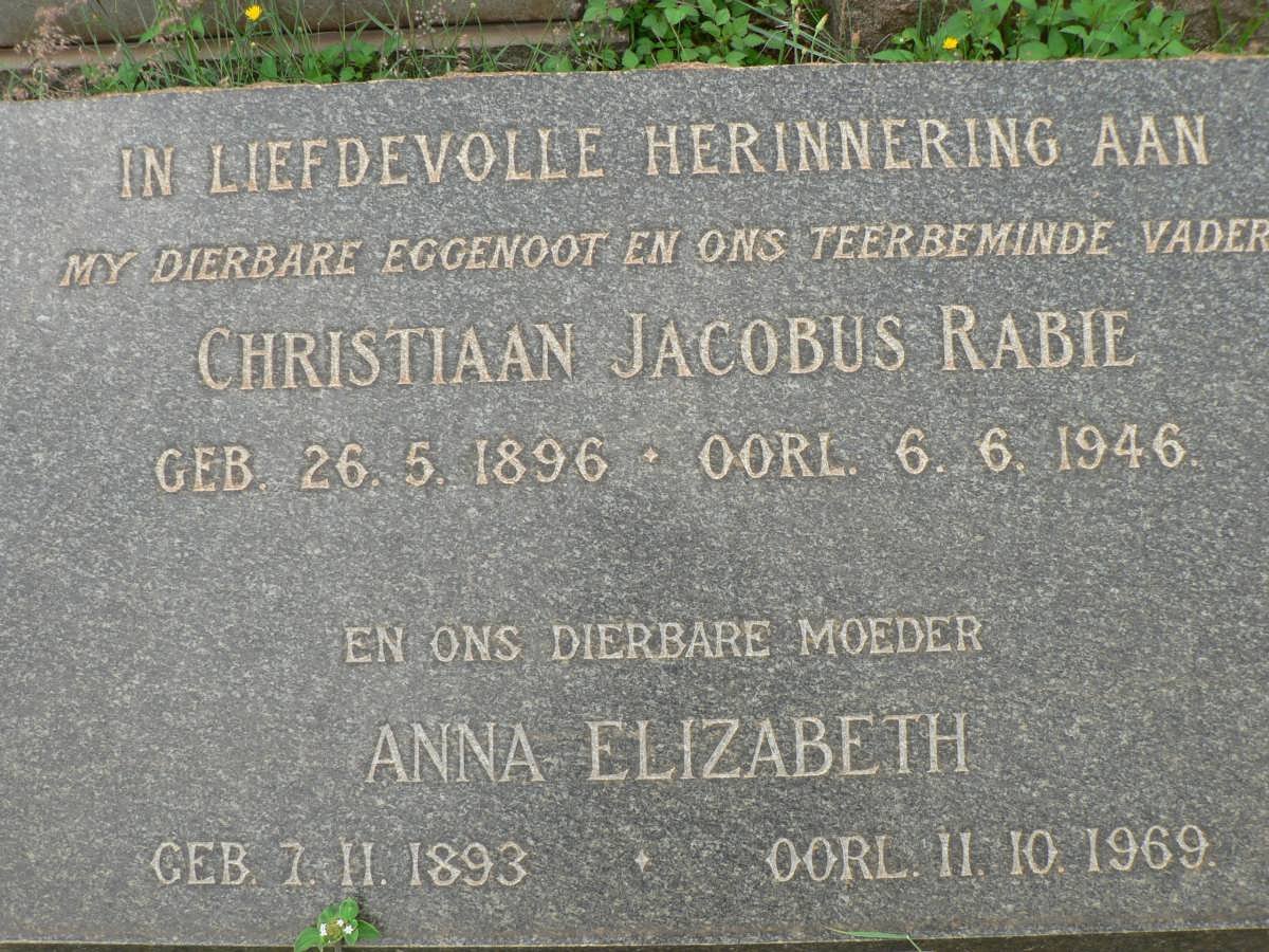 RABIE Christiaan Jacobus 1896-1946 &amp; Anna Elizabeth 1893-1969