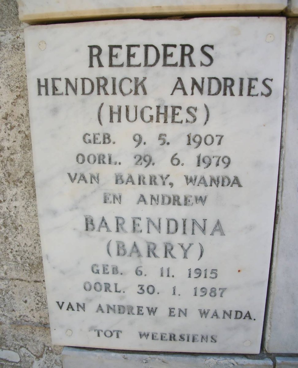REEDERS Hendrik Andries 1907-1979 &amp; Barendina 1915-1987