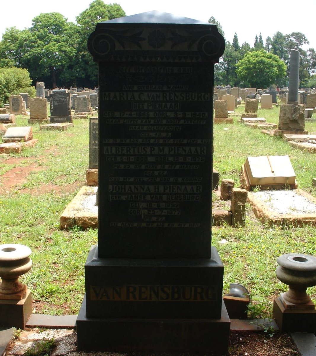 RENSBURG Maria C., van nee PIENAAR 1865-1940 :: PIENAAR Albertus P. 188?-1975 &amp; Johanna H. JANSE VAN RENSBURG 1882-1977