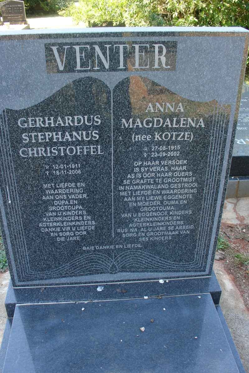 VENTER Gerhardus Stephanus Christoffel 1911-2006 &amp; Anna Magdalena KOTZE 1915-2002