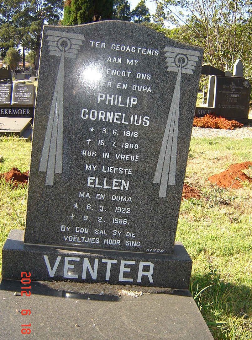 VENTER Philip Cornelius 1918-1980 &amp; Ellen 1922-1986