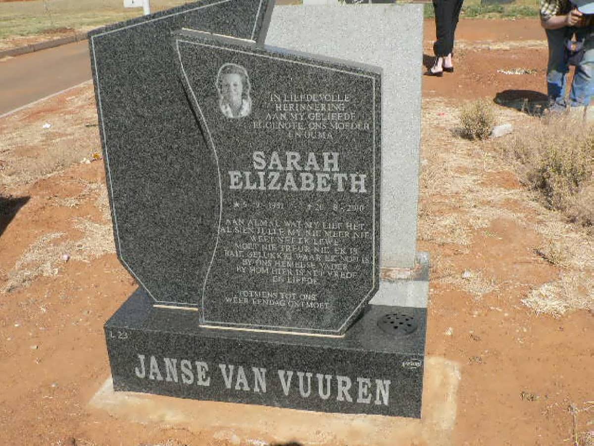 VUUREN Sarah Elizabeth, Janse van 19?1-2010