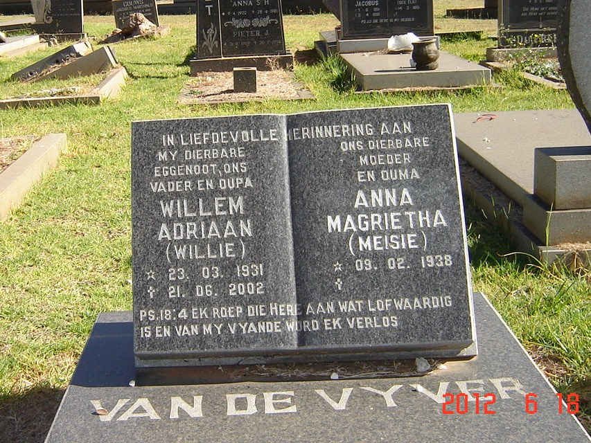 VYVER Willem Adriaan, van de 1931-2002 &amp; Anna Magrietha 1938-