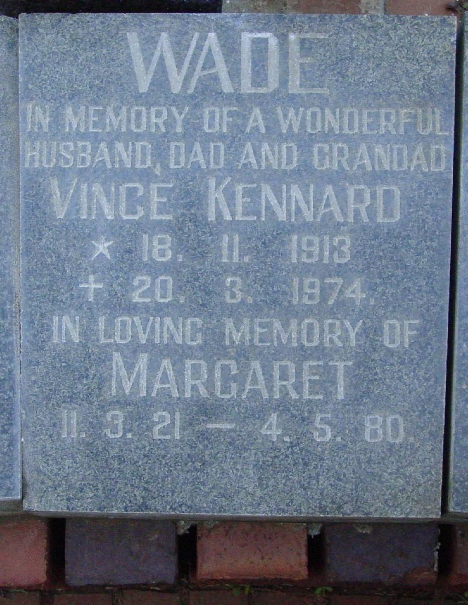 WADE Vince Kennard 1913-1974 &amp; Margaret 1921-1980