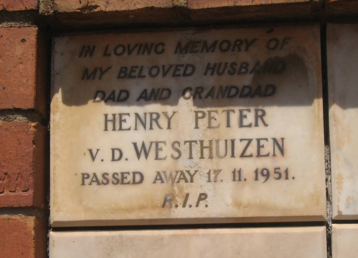 WESTHUIZEN Henry Peter, v.d. -1951
