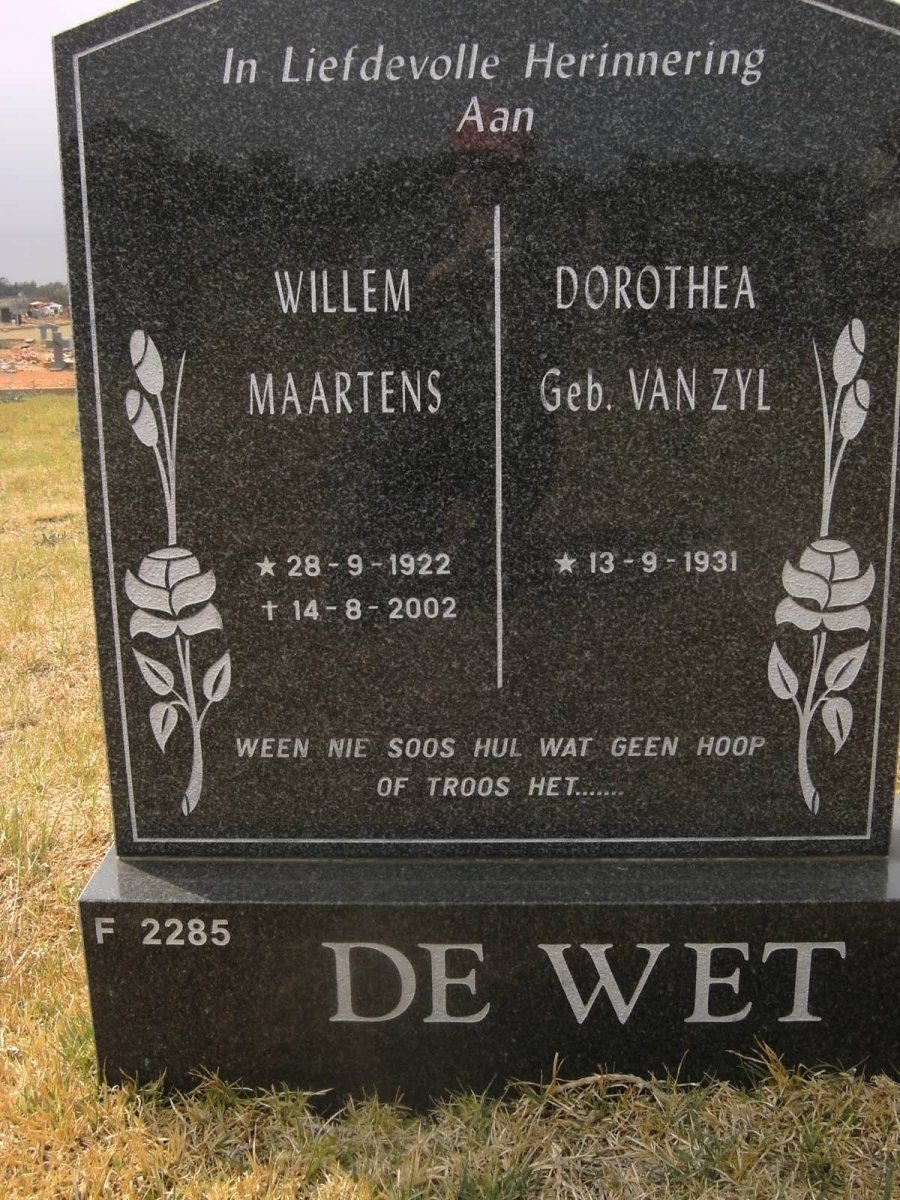 WET Willem Maartens, de 1922-2002 &amp; Dorothea VAN ZYL 1931-