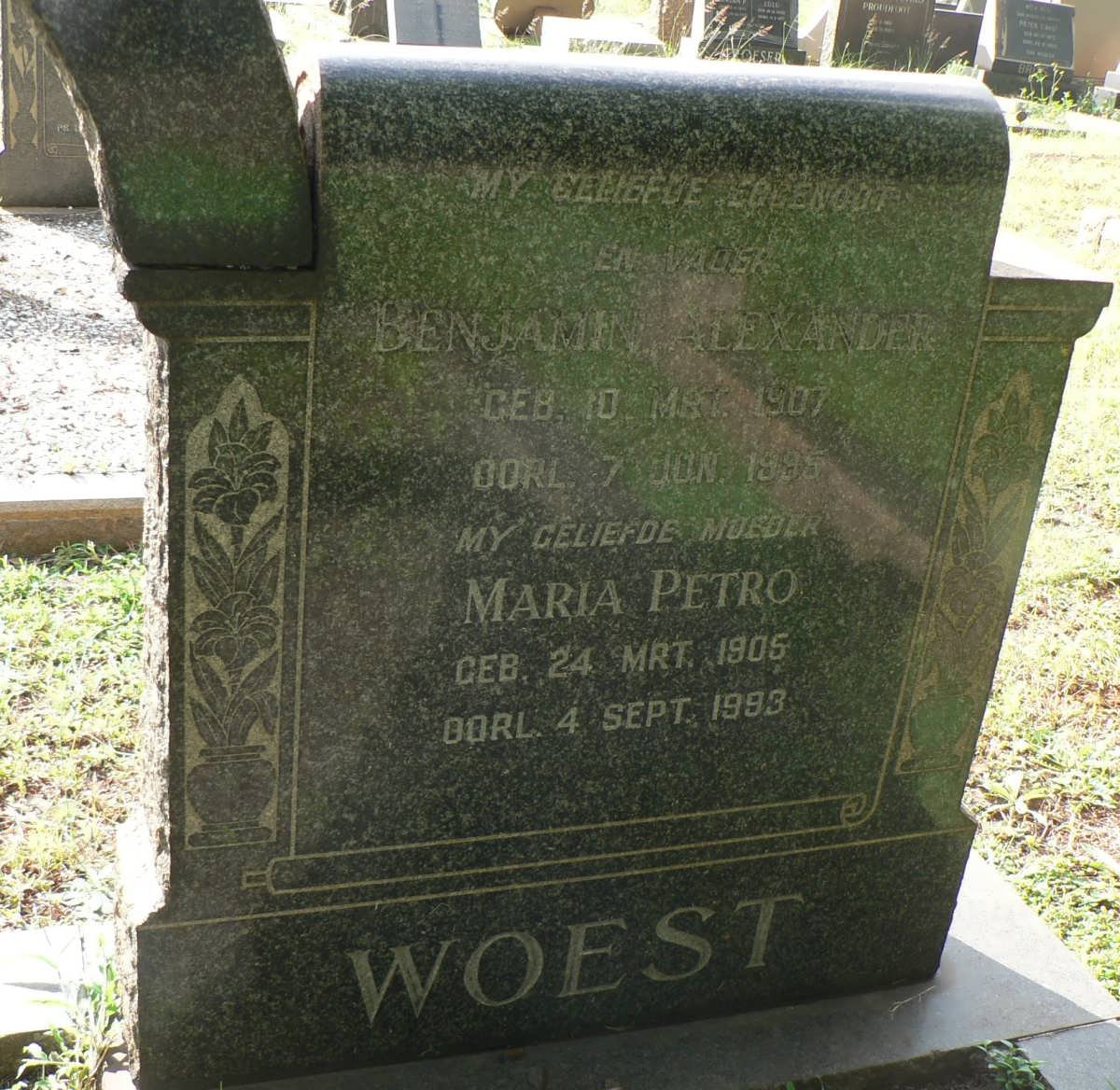 WOEST Benjamin Alexander -1995 &amp; Maria Petronella 1905-1993