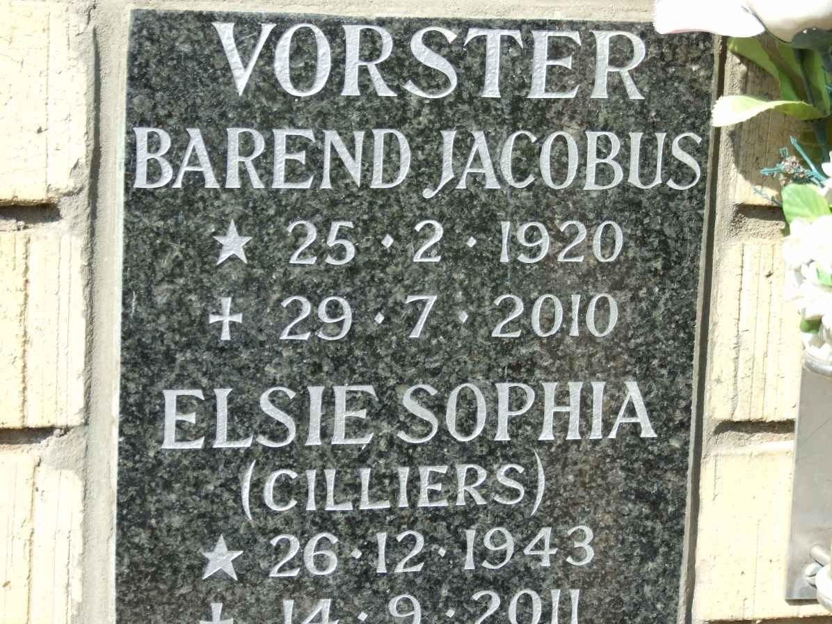 VORSTER Barend Jacobus 1920-2010 &amp; Elsie Sophia CILLIERS 1943-2011