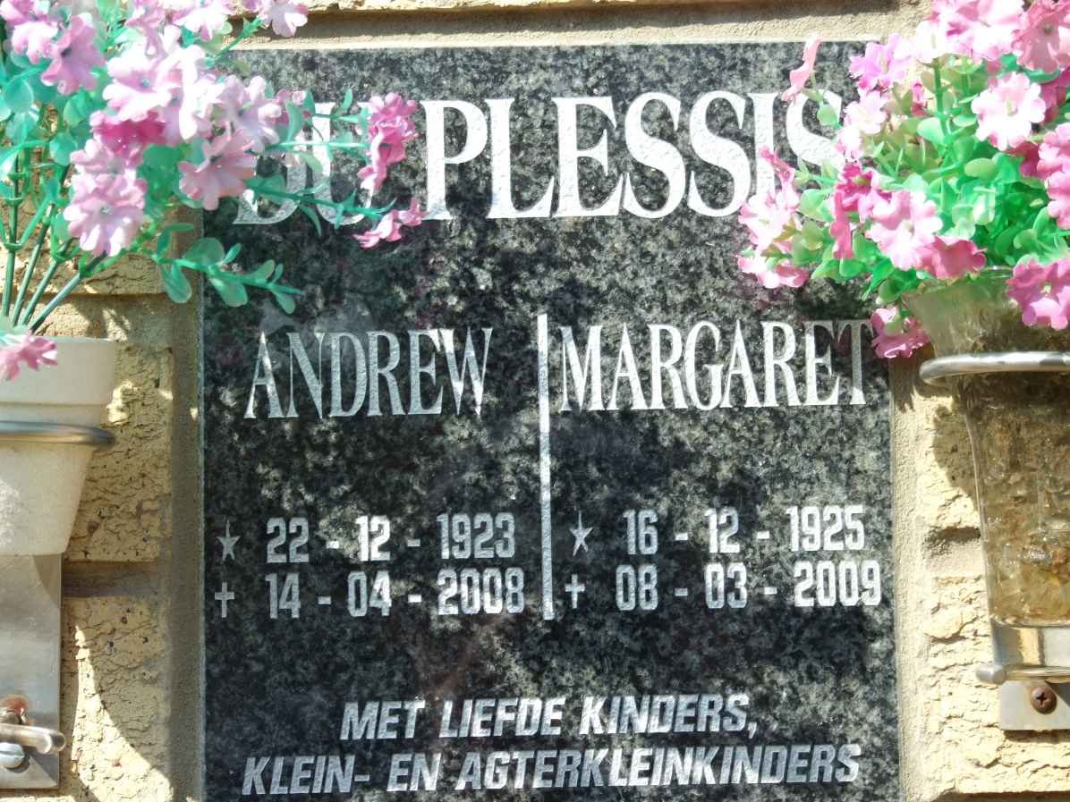 PLESSIS Andrew, du 1923-2008 &amp; Margaret 1925-2009