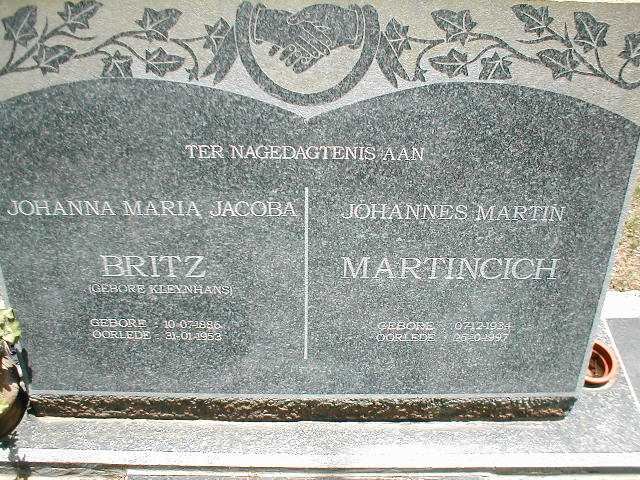 BRITZ Johanna Maria Jacoba KLEYNHANS 1886-1953 :: MARTINCICH Johannes Martin 1934-1997