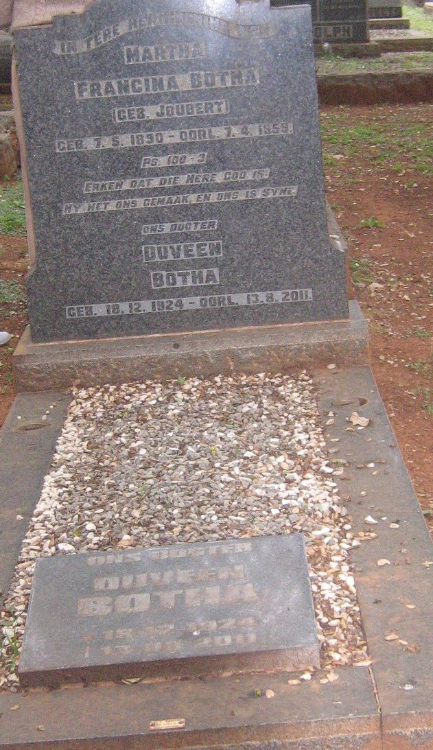 BOTHA Martha Francina nee JOUBERT 1890-1959 :: BOTHA Duveen 1924-2011
