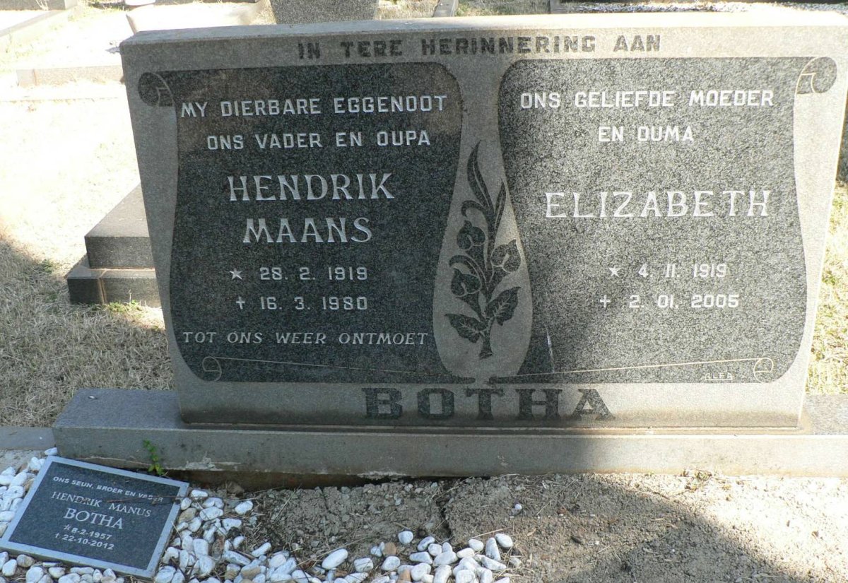 BOTHA Hendrik Maans 1919-1980 &amp; Elizabeth 1919-2005 :: BOTHA Hendrik Manus 1957-2012