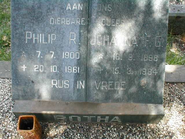 BOTHA Philip R. 1900-1961 &amp; Johanna F.G. 1898-1984