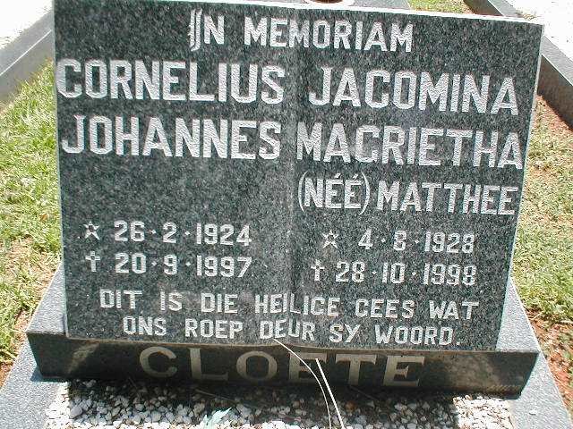 CLOETE Cornelius Johannes 1924-1997 &amp; Jacomina Magrietha MATTHEE 1928-1998