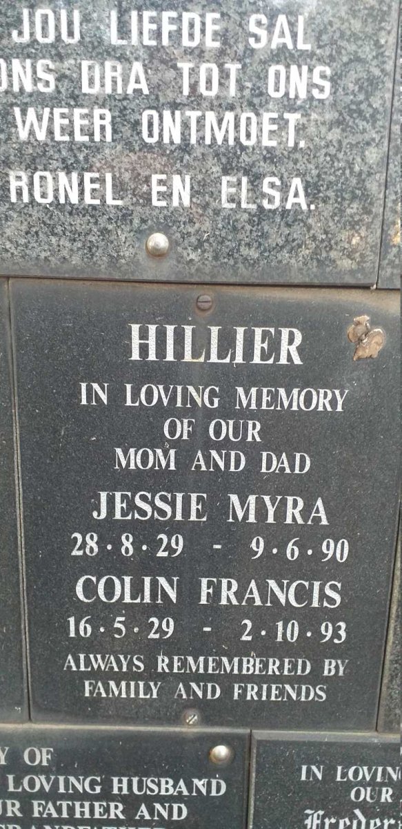 HILLIER Colin Francis 1929-1993 & Jessie Myra 1929-1990