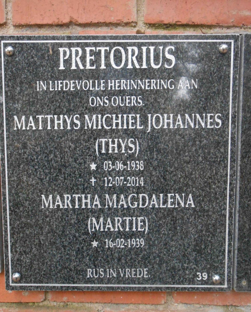 PRETORIUS Matthys Michiel Johannes 1938-2014 &amp; Martha Magdalena 1939-