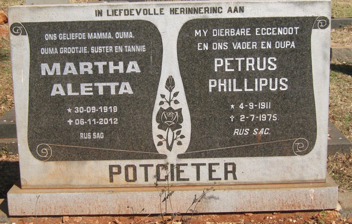 POTGIETER Petrus Phillipus 1911-1975 &amp; Martha Aletta 1919-2012