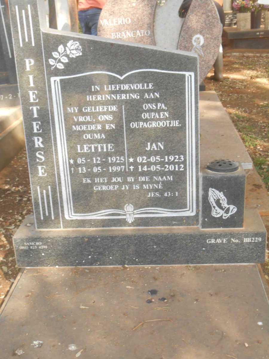 PIETERSE Jan 1923-2012 &amp; Lettie 1925-1997
