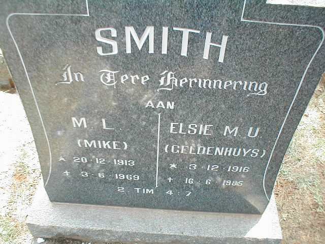 SMITH M.L. 1913-1969 &amp; Elsie M.U. GELDENHUYS 1916-1985
