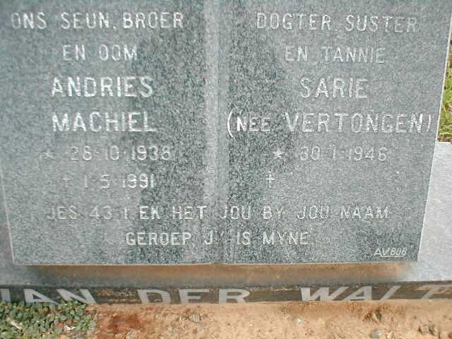 WALT Andries Machiel, van der 1938 -1991 &amp; Sarie VERTONGEN 1946-