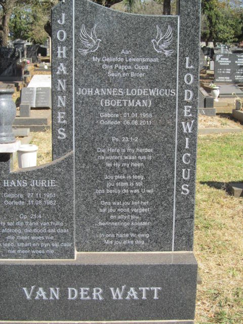 WATT Johannes Lodewicus, van der 1958-2011 :: VAN DER WATT Hans Jurie 1951-1982