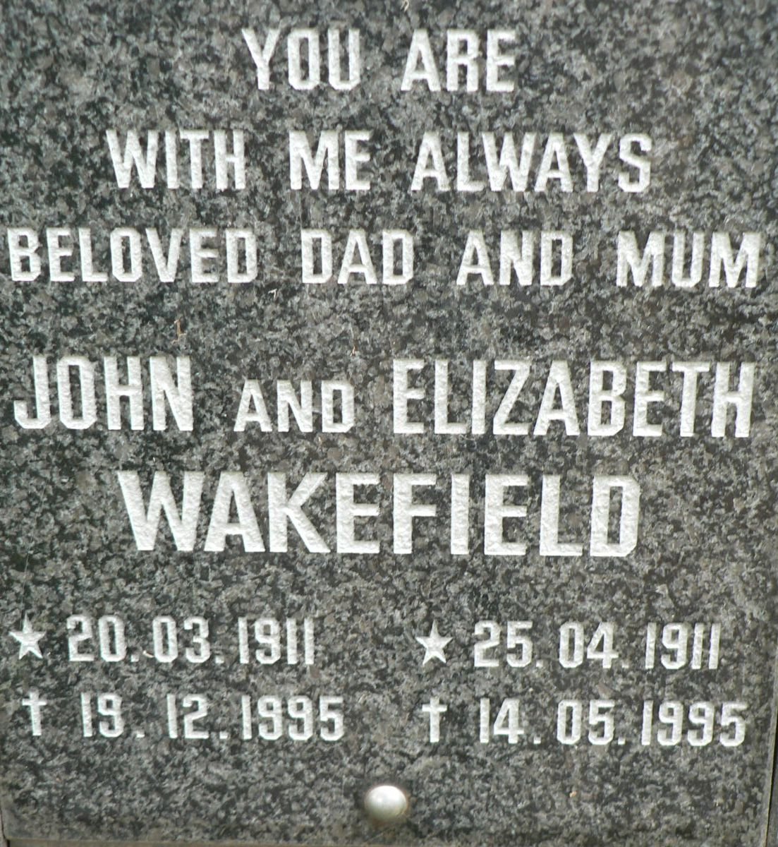 WAKEFIELD John 1911-1995 &amp; Elizabeth 1911-1995