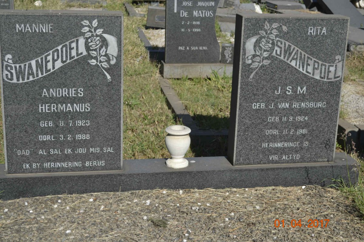 SWANEPOEL Andries Hermanus 1923-1988 &amp; J.S.M. J. VAN RENSBURG 1924-1981