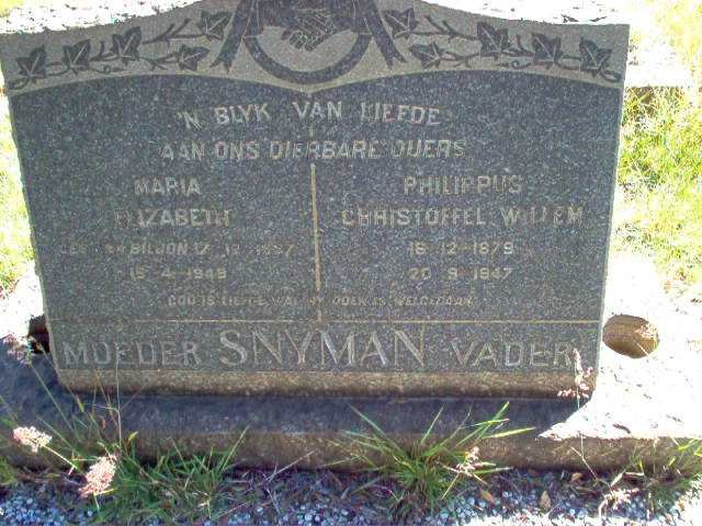 SNYMAN Philippus Christoffel Willem 1879-1947 &amp; Maria Elizabeth VAN BILJON 1887-1949