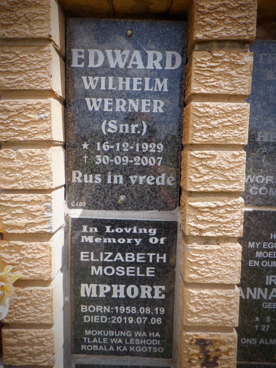 EDWARD Wilhelm Werner 1929-2007 :: MPHORE Elizabeth Mosele 1958-2019 