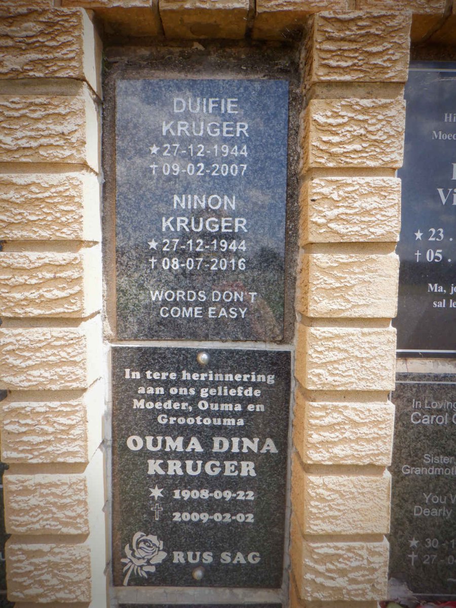 KRUGER Duifie 1944-2007 &amp; Ninon 1944-2016 :: KRUGER Dina 1908-2009 