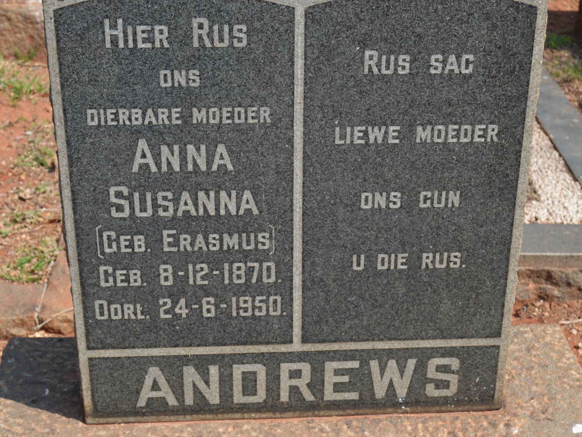 ANDREWS Anna Susanna nee ERASMUS 1870-1950