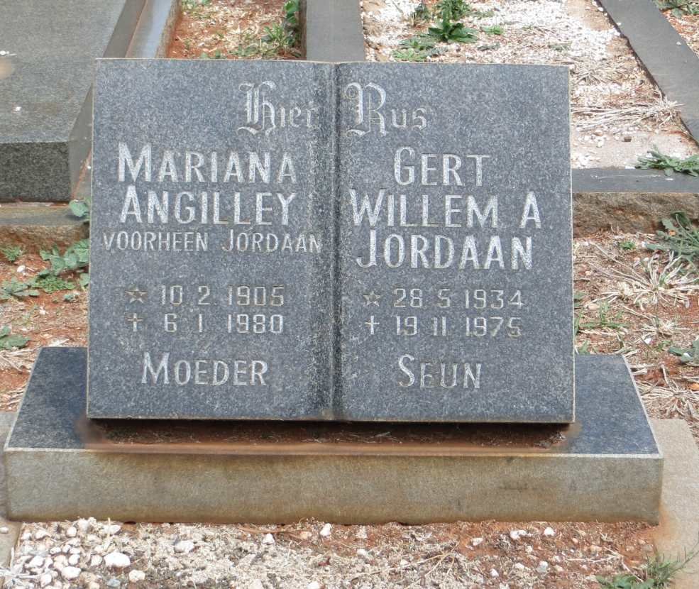ANGILLEY Mariana voorheen JORDAAN 1905-1980 :: JORDAAN Gert Willem A. 1934-1975