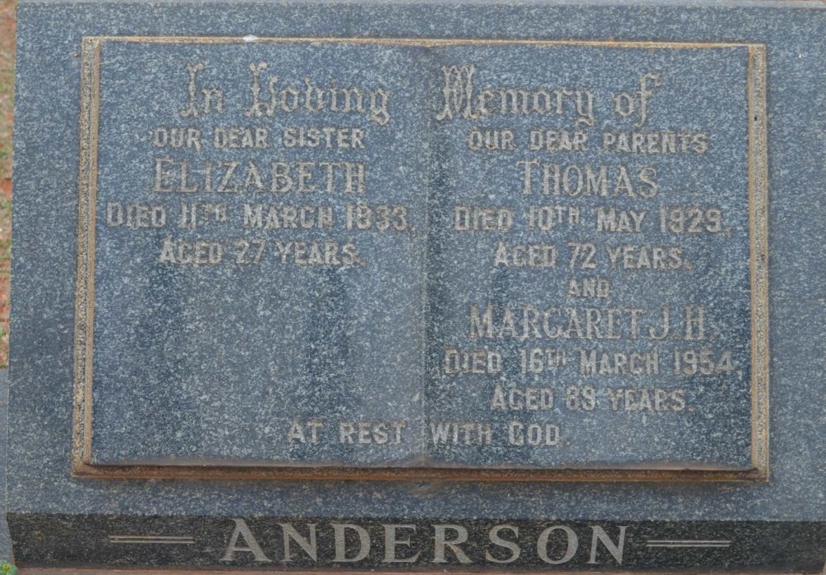 ANDERSON Thomas -1929 &amp; Margaret J.H. -1954 :: ANDERSON Elizabeth -1933