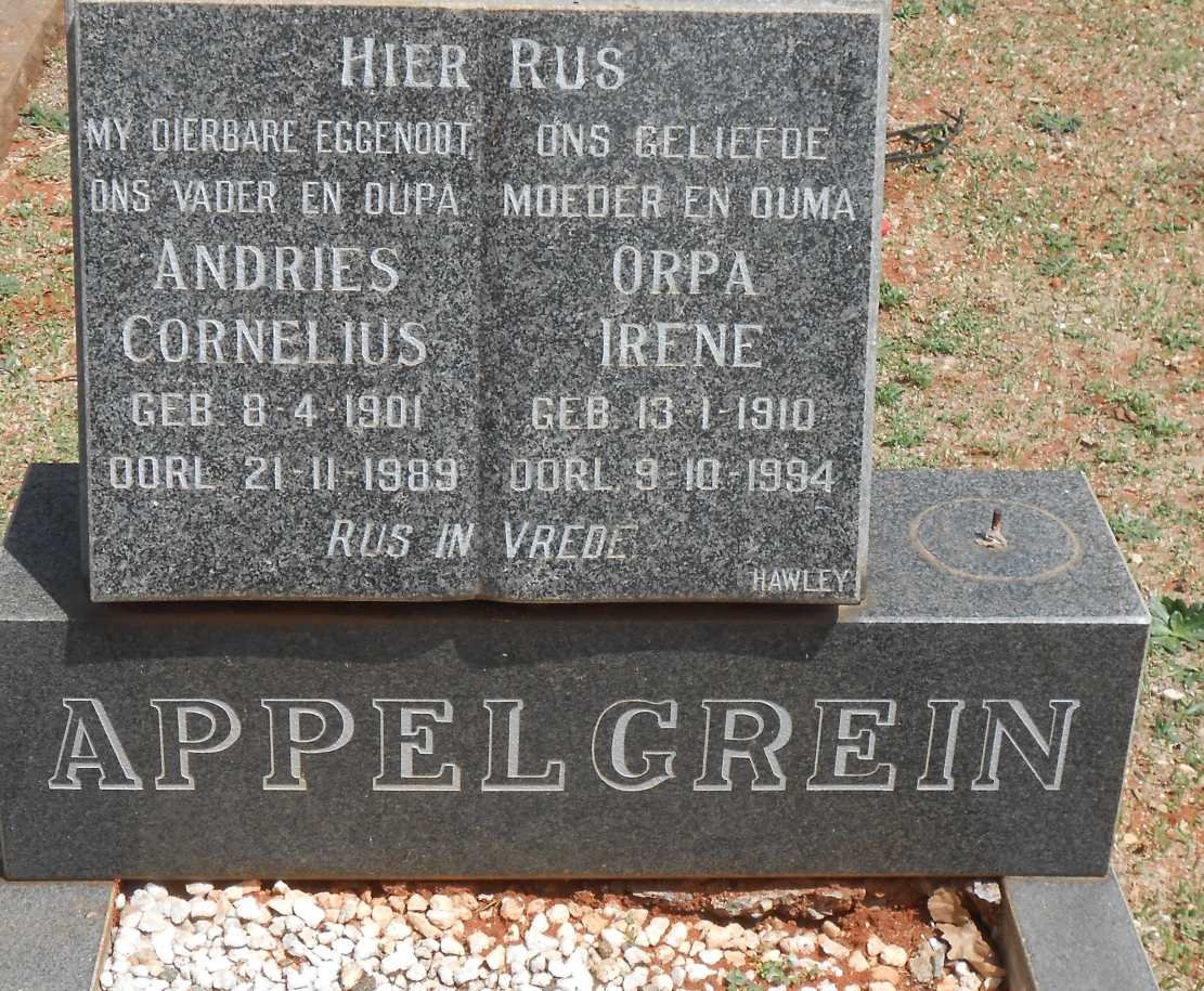 APPELGREIN Andries Cornelius 1901-1989 &amp; Orpa Irene 1910-1994