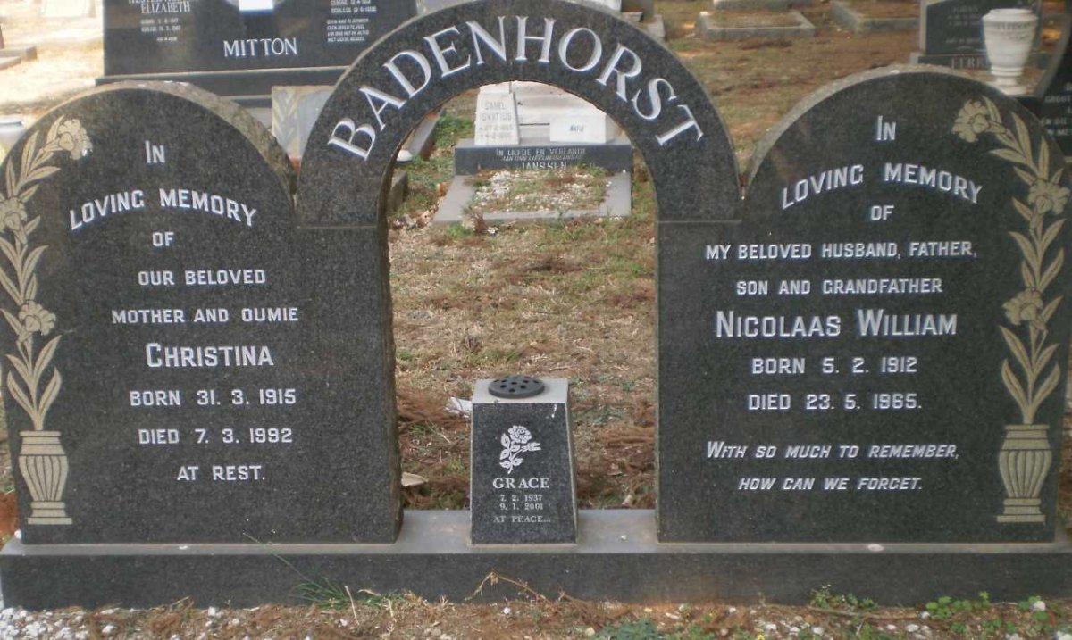 BADENHORST Nicolaas William 1912-1965 &amp; Christina 1915-1992 :: BADENHORST Grace 1937-2001