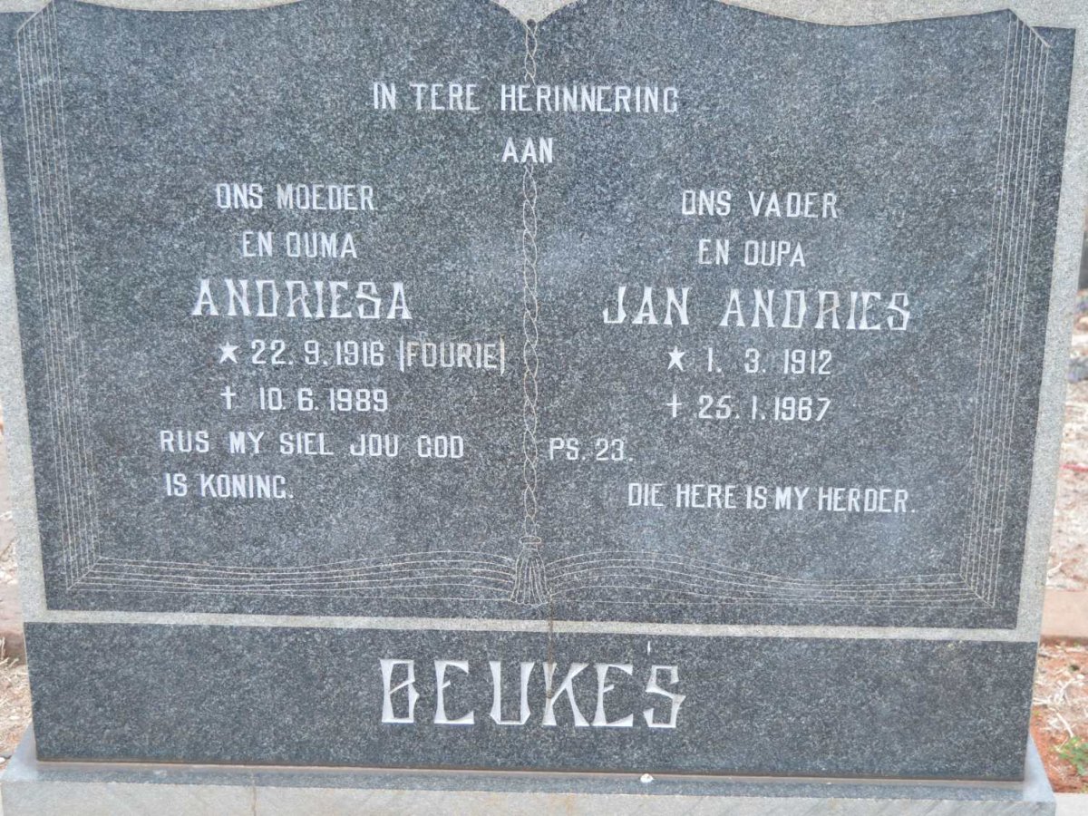 BEUKES Jan Andries 1912-1967 &amp; Andriesa FOURIE 1916-1989
