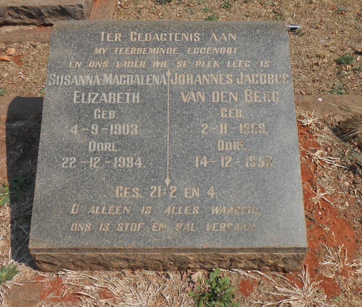 BERG Johannes Jacobus, van den 1899-1950 &amp; Susanna Magdalena Elizabeth 1903-1984