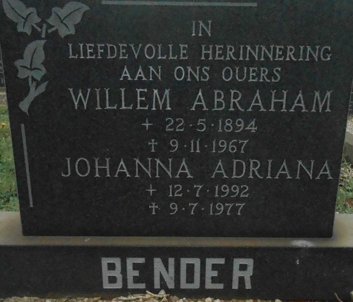 BENDER Willem Abraham 1894-1967 &amp; Johanna Adriana 1892-1977