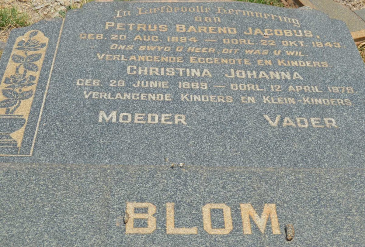BLOM Petrus Barend Jacobus 1884-1943 &amp; Christina Johanna 1889-1979
