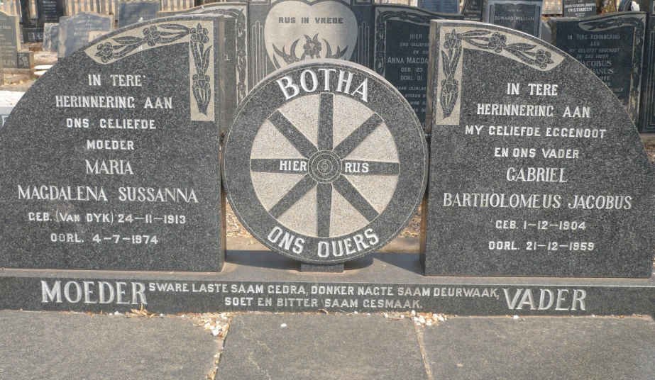 BOTHA Gabriel Bartholomeus Jacobus 1904-1959 &amp; Maria Magdalena Sussanna VAN DYK 1913-1974