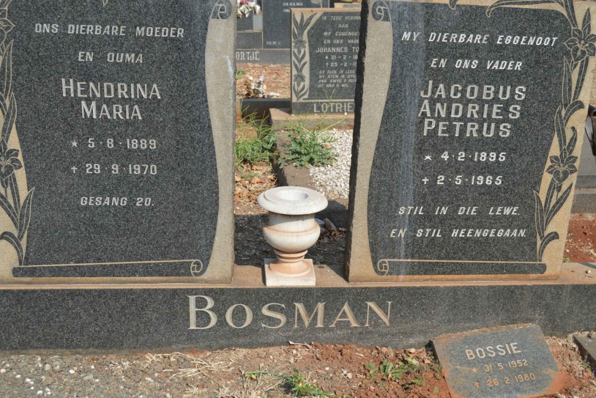 BOSMAN Jacobus Andries Petrus 1895-1965 &amp; Hendrina Maria 1889-1970 :: BOSMAN Bossie 1952-1980