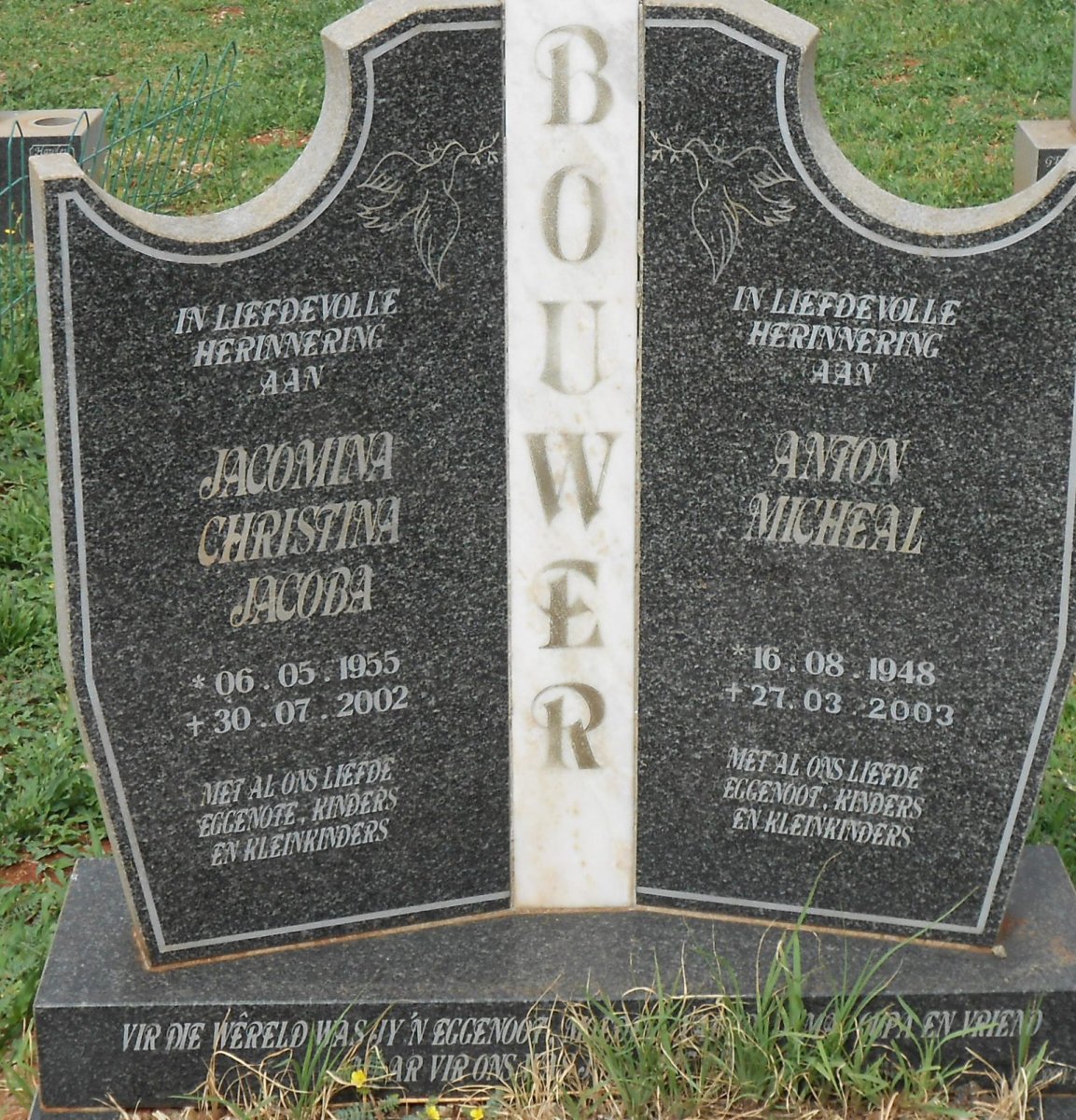 BOUWER Anton Micheal 1948-2003 &amp; Jacomina Christina Jacoba 1955-2002