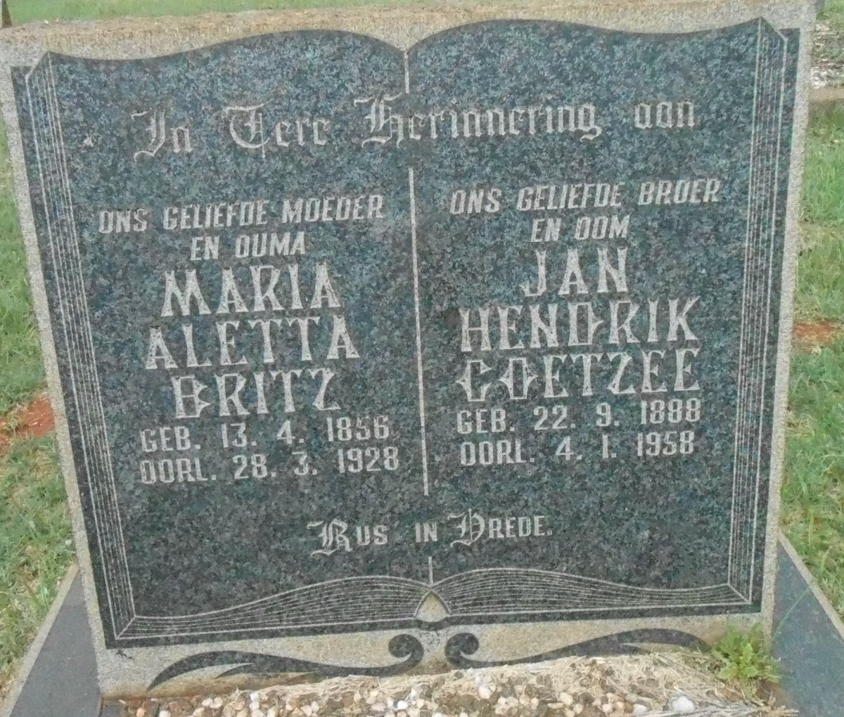 BRITZ Maria Aletta 1856-1928 :: COETZEE Jan Hendrik 1888-1958