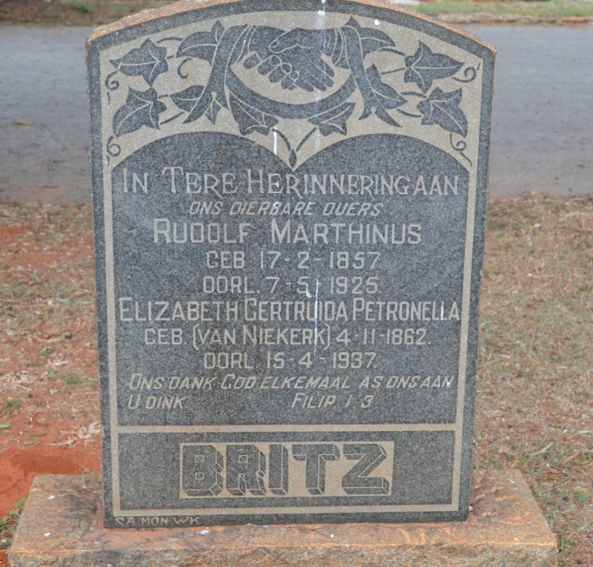 BRITZ Rudolf Marthinus 1957-1925 &amp; Elizabeth Gertruida Petronella VAN NIEKERK 1862-1937